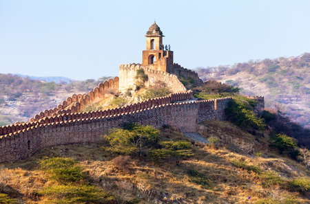 fortification with bastions of Jaigarh fort and Amer or Amber town  near Jaipur city India evening viewのeditorial素材