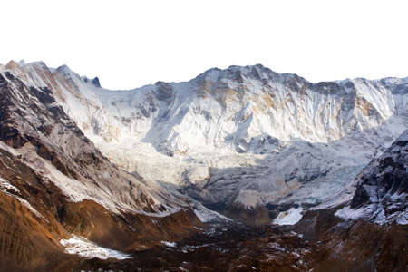 Mount Annapurna 1 from Mt Annapurna south base camp, morning panoramic view isolated on white sky background, Nepal Himalaya mountain, round Annapurna circuit trekking trailの写真素材
