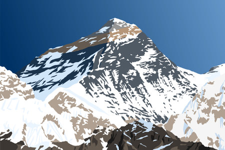 mount Everest from Nepal side as seen from gokyo, vector illustration, Mt Everest 8,848 m, Khumbu valley, Sagarmatha national park, Nepal Himalaya mountainのイラスト素材
