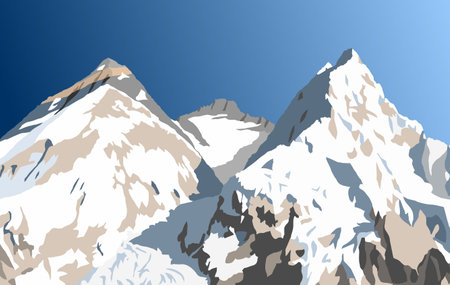 mount Everest, Lhotse and Nuptse from Nepal side as seen from Pumori base camp, vector illustration, Mt Everest 8,848 m, Khumbu valley, Sagarmatha national park, Nepal Himalayas mountainsのイラスト素材