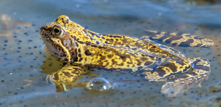 European Common brown Frog in Latin Rana temporaria with eggsの写真素材