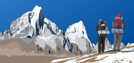 Vector of mounts Cholatse and Tabuche peak as seen from the way to Mount Everest base camp and two hikers with big backpacks, Nepal Himalayas mountains vectors illustrationのイラスト素材
