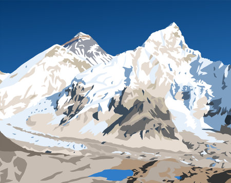 mount Everest and Nuptse from Nepal side as seen from Kala Patthar peak, vector illustration, Mt Everest 8,848 m, Khumbu valley, Sagarmatha national park, Nepal Himalaya mountainのイラスト素材