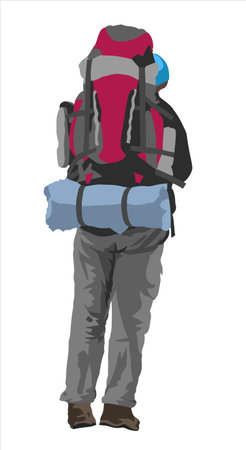 hiker with a big backpack on his back isolated on white background, vector illustrationのイラスト素材