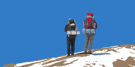 Two hikers with a big backpack on his back, vector illustrationのイラスト素材