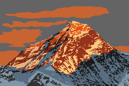 Evening mountain top of mount Everest vector illustration , Nepal Himalaya mountains, Mt Everest seen from Gokyo Ri peakのイラスト素材