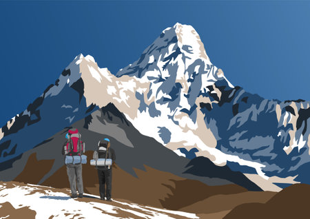 Mount Ama Dablam with two hikers, mountain vector illustrationのイラスト素材