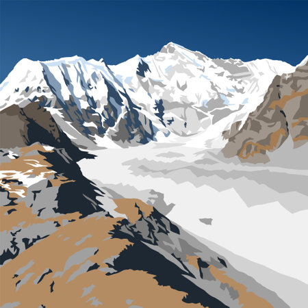 Mount Cho Oyu, vector illustration, Gokyo valley, Khumbu valley, Everest area, Nepal himalayas mountainsのイラスト素材