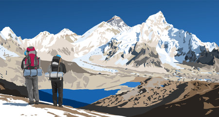 mount Everest and Nuptse from Nepal side as seen from Kala Patthar peak and two tourists with big backpacks, vector illustration, Nepal Himalaya mountainのイラスト素材