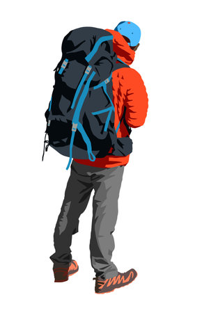 hiker in a red jacket with a big backpack on his back wearing a pair of boots and a blue cap, vector illustrationのイラスト素材