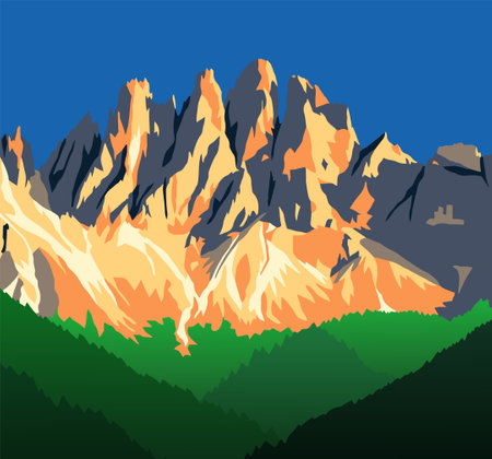 evening panoramic view of Geislergruppe or Gruppo dele Odle, vector illustration, Alps Dolomites mountais, Italyのイラスト素材