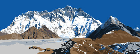 Mount Lhotse south rock face and glacier, vector illustration, Khumbu valley, Everest area, Nepal himalayas mountainsのイラスト素材