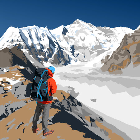 Mount Cho Oyu and hiker in a red jacket with a big backpack, vector illustration, Gokyo valley, Khumbu valley, Everest area, Nepal himalayas mountainsのイラスト素材