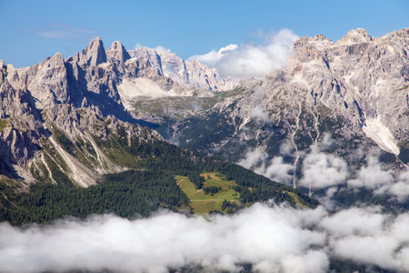 panoramic view of the Sexten dolomites mountains or Dolomiti di Sesto from Carnian Alps mountains, Tre cime di Lavaredo or Drei zinnen, Italyの写真素材