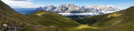 panoramic view of the Sexten dolomites mountains or Dolomiti di Sesto from the Carnian Alps mountains, Italyの写真素材