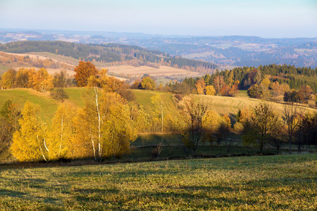 autumn panorama from bohemian and moravian highland, view from Konikov Vecov village, Zdarske vrchy, Czech Republicの写真素材