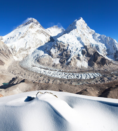 View of Mount Everest, Lhotse and Nuptse with snowdrift from Pumori base camp - way to Mount Everest base camp - Sagarmatha national park - Nepalの写真素材