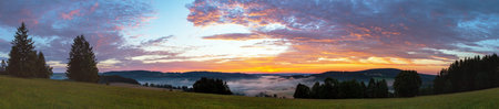 Morning panoramic sunset view of beautiful sky from Bohemian and Moravian highland near Krasne...