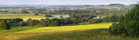 Bohdalov village, panoramic view of the landscape of the Bohemian-Moravian highlands with villages, fields, forests and ponds, Czech Republicの写真素材