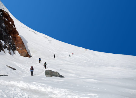 climbers, hikers, trekkers or mountaineers on white snow plain or glacier, way to mount Everest,...