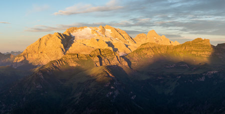 morning panoramic view of mount Marmolada, South Tyrol, Alps Dolomites mountains, Italyの写真素材