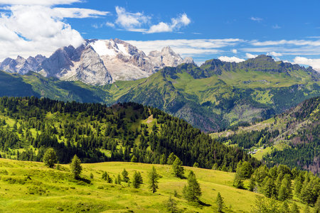 View of mount Marmolada, the highest peak of Dolomites mountains, Italyの写真素材