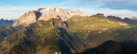 morning panoramic view of mount Marmolada, South Tyrol, Alps Dolomites mountains, Italyの写真素材