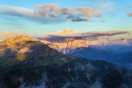Evening view of Mount Pelmo, South Tyrol, Alps Dolomites mountains, Italyの写真素材