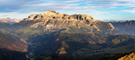 morning panoramic view of mount Sella, South Tyrol, Alps Dolomites mountains, Italyの写真素材