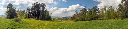 Panoramic view of the landscape from the Czech-Moravian Highlands, Czech Republic, landscape near Velke Mezirici town, meadow and forestの写真素材