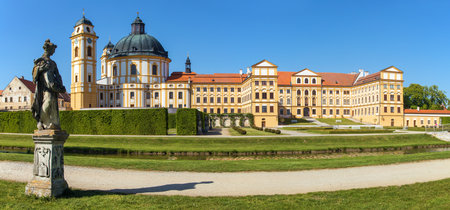 Jaromerice nad Rokytnou baroque and renaissance castle from 18th century with a statue in the park in front of the castle, South Moravia, Czech Republic, Central Europeの写真素材