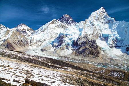 Panoramic view of mount Everest and mt. Nuptse, Khumbu valley and glacier, Sagarmatha national park, Nepal Himalayas mountainsの写真素材