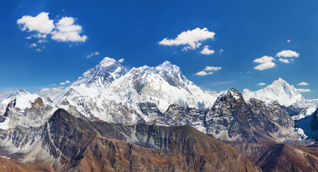 Mount Everest, Lhotse and Makalu from Renjo La pass, way to Everest Base camp, Three passes trek, Khumbu valley, Sagarmatha national park, Nepal Himalayas mountainsの写真素材