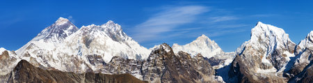 Mount Everest, Lhotse and Makalu from Renjo La pass with beautiful clouds on blue sky, way to Everest Base camp, Three passes trek, Khumbu valley, Sagarmatha national park, Nepal Himalayas mountainsの写真素材