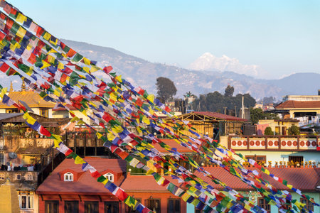 prayer flags near Boudhanath stupa in Kathmandu, Buddhism in Nepalの写真素材