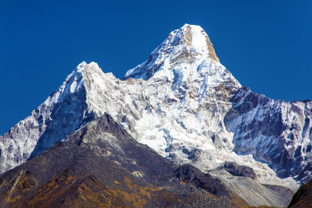 Mount Ama Dablam, panoramic beautiful view of mount Ama Dablam peak with blue sky on the way to mt...