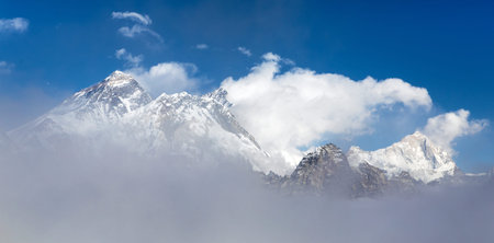 Mount Everest Mt Lhotse and Makalu peak from Renjo pass, way to Everest base camp and three passes trek, Khumbu valley, Solu Khumbu, Sagarmatha national park, Nepal Himalayas mountainsの写真素材