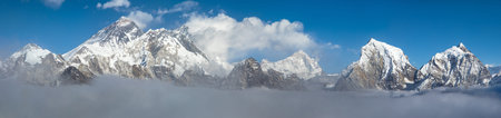 Mount Everest Mt Lhotse and Makalu peak from Renjo pass, way to Everest base camp and three passes...