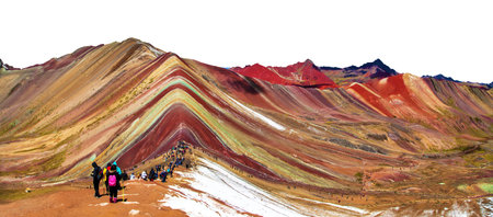 Rainbow mountains or Vinicunca Montana de Siete Colores with tourists isolated on the white background, Cuzco region in Peru, Peruvian Andes, panoramic viewの写真素材