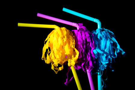 Party time, decoration, color drinking straws with black background, detail