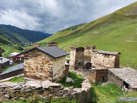 View of mountain village Ushguli with traditional Svan towers, Lamaria Upper Svaneti, Georgia, Europe.の写真素材