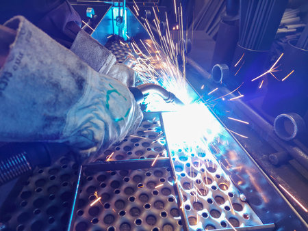 Welding metal with a bunch of sparks. Welding flame with sparks. Welding mass holder.の写真素材