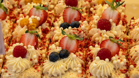 Closeup of strawberry cake with fresh strawberry. Homemade strawberry cake.の写真素材