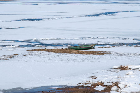 spring landscape from the lake shore, white ice cubes, blue sky, Lake Burtnieki, Latvia.の写真素材