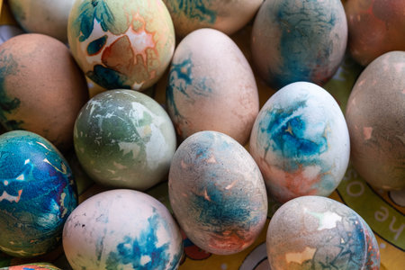 happy easter. Easter egg dyeing, wrapping in fabric.