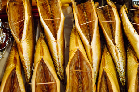 The beautiful big mackerels on a counter.