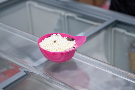 ice cream mini melts small balls, white ice balls, summer concept, refreshment in summer.の写真素材