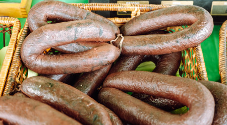 home-made sausage at a rural market. national Latvian recipes.の写真素材