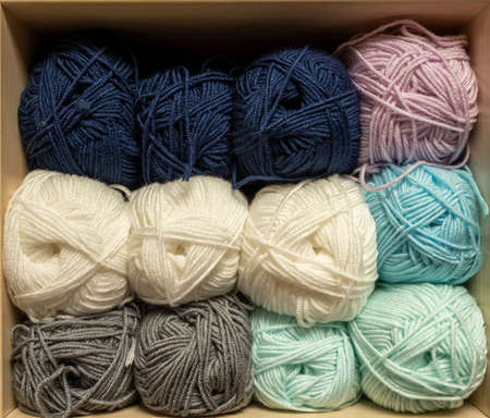 Close up of yarn balls. rainbow colors. Yarn for knitting. Skins of yarn. Knitting needles, colorful threads. Knitting background, Knitting yarn for handmade winter clothesの写真素材