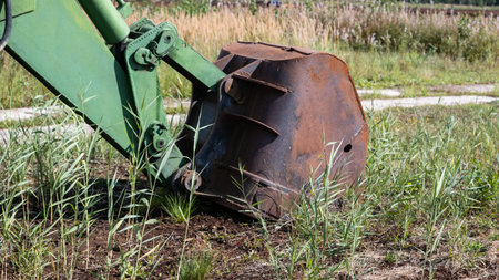 green excavator, green grass in the swamp on a very sunny day. Rusty chains and cup